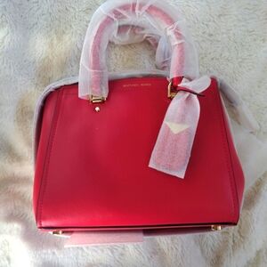 NWB Michael Kors Benning Medium Leather Satchel Deep Pink Dust Bag $328 MSRP